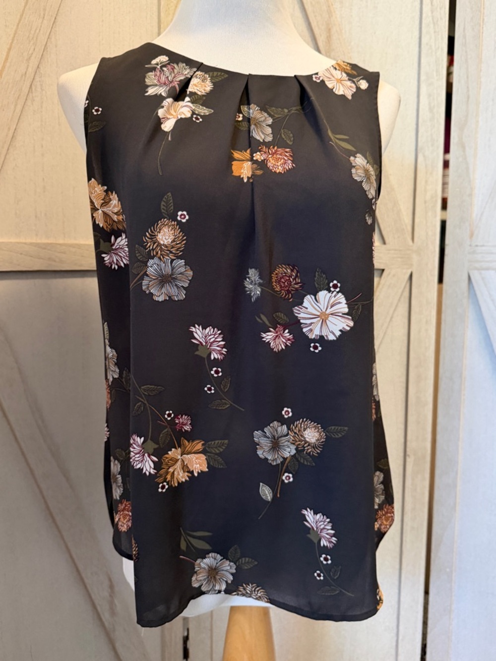 LOFT Black Floral Tank with Cream and Pink Blooms